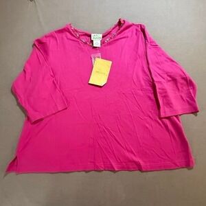 The Quaker Factory Pink Button Neck 3X Cotton 3/4 Sleeve Top New With Tags‎